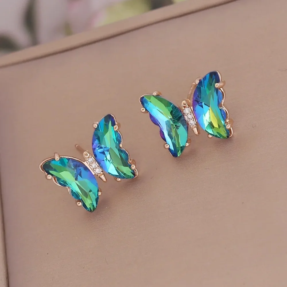 SEE OTHER COLORS Butterfly Earrings Green Rhinestones Gold Tone Setting - Picture 1 of 9